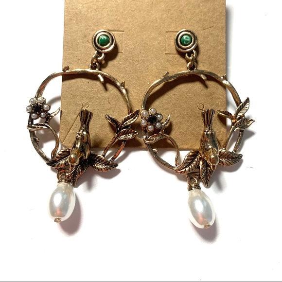 Gold Circle Hoop Drop Bird Branch Pearl Earrings - Picture 8 of 8